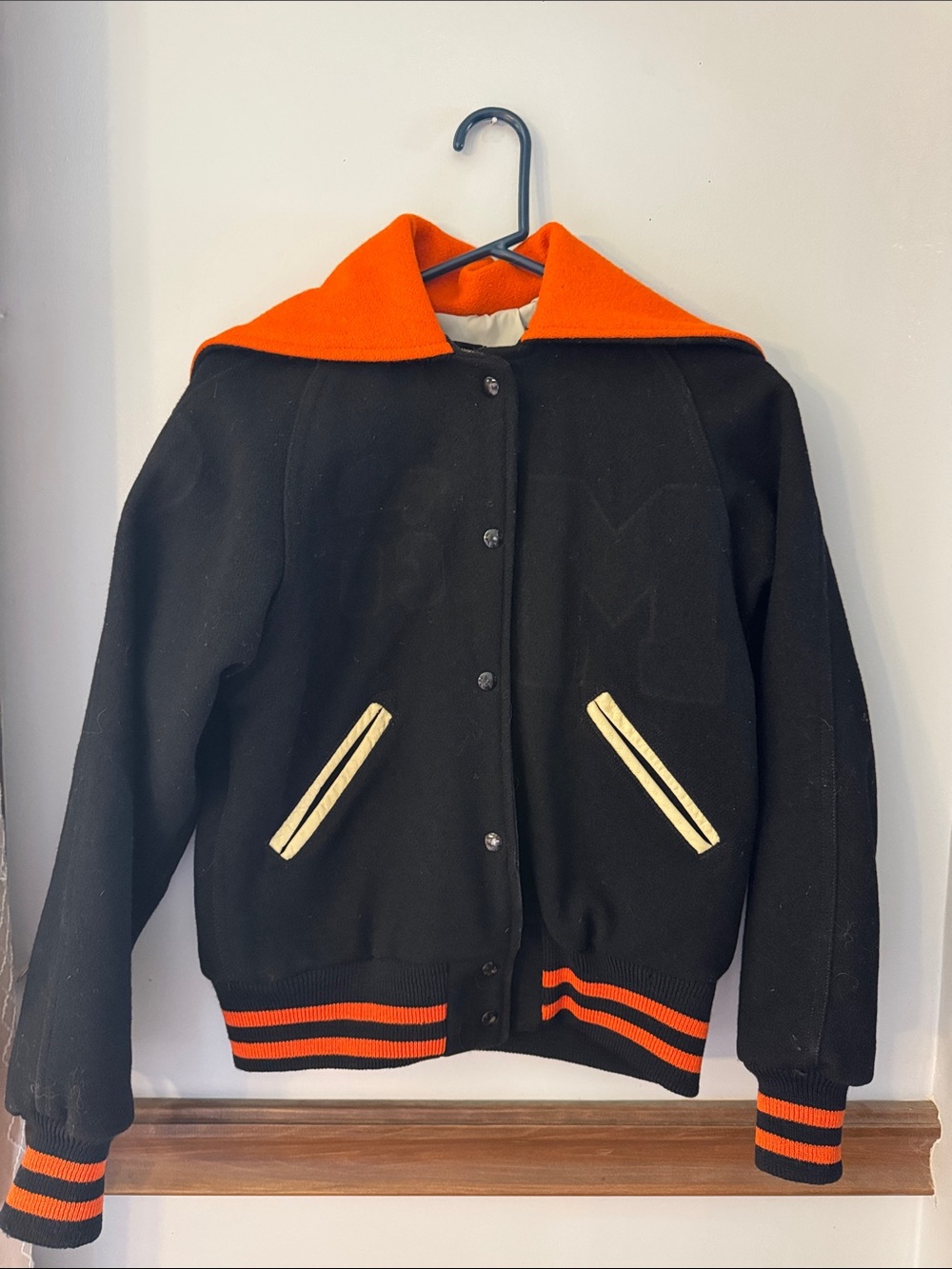 Black & Orange Vintage 100% Wool Bomber Letter Jacket